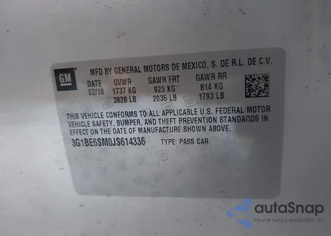 2018 Chevrolet Cruze Lt Auto из США, поврежденный, VIN 3G1BE6SM0JS614336